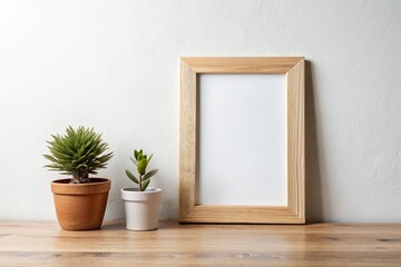 Wooden frame on white wall with potted plant, shallow depth of field