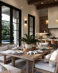 Obraz premium A luxurious outdoor dining area with an elegant table set for four, surrounded by a pool and covered kitchen in the background. The space is adorned with modern lighting. 3f render.