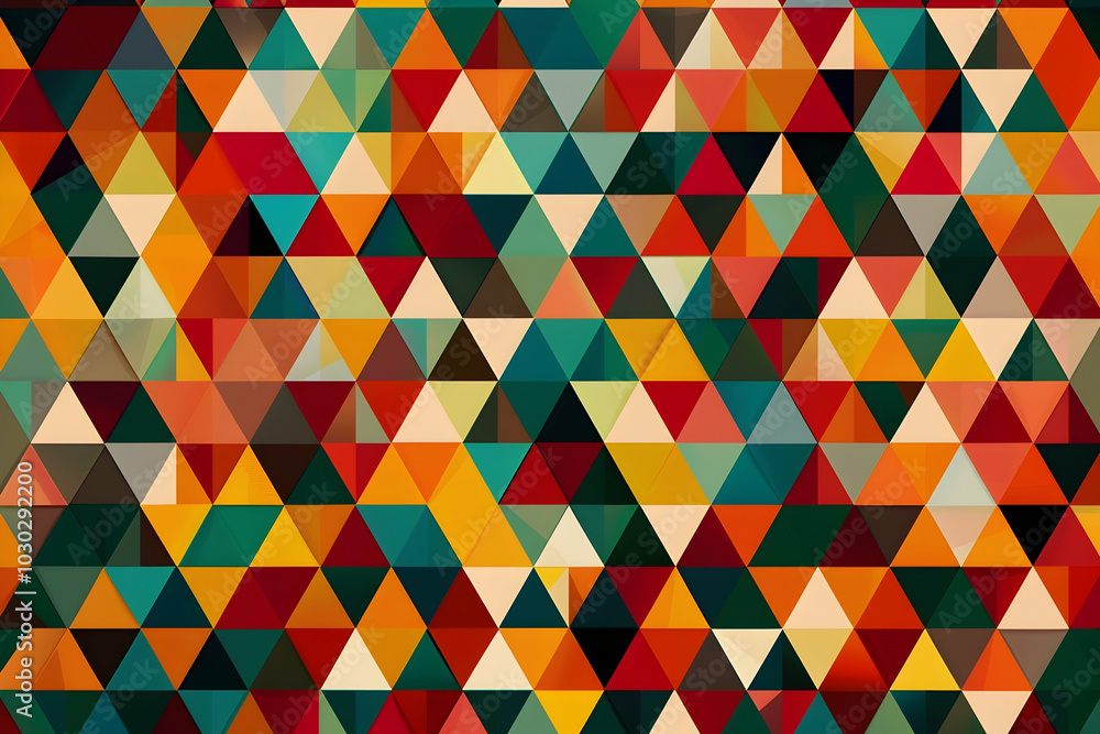 Poster a background with an array of colorful triangles, creating a vibrant and geometric pattern.