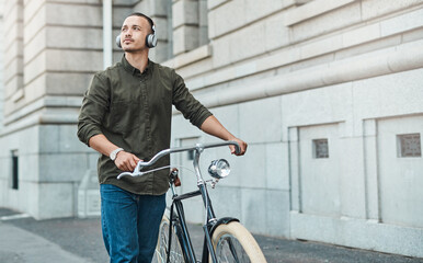 Travel, headphones and man with bicycle in city for morning commute, adventure and journey....