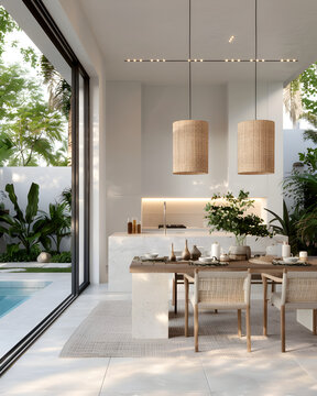 A luxurious outdoor dining area with an elegant table set for four, surrounded by a pool and covered kitchen in the background. The space is adorned with modern lighting. 3f render.