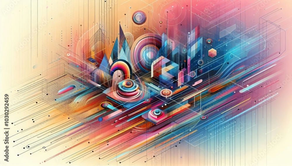 Poster Bright abstract background with dynamic lines and geometric shapes, creating a feeling of energy and modern art