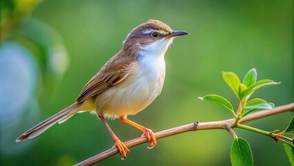Fototapeta premium White browed Prinia perched on sunn hemp tree branch from high angle view