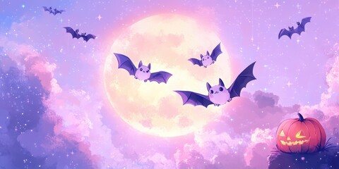 Naklejka premium Adorable Cute Halloween Background with Bats Pumpkin and Moonlight Fantasy