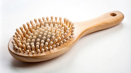 Wooden natural hairbrush with beige decorations isolated on light background