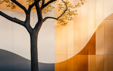 A solitary tree next to an abstract wall design in warm tones during the golden hour