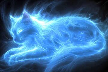 Glowing blue cat made of light lying on a dark background merging futuristic and surreal elements in a vibrant luminous scene that evokes magic energy and ethereal wonder