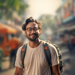 Man using phone with bus in background