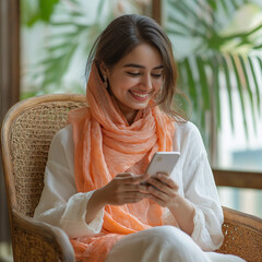 Smiling woman using smartphone in cozy indoor setting