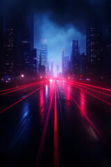 Obraz premium Vibrant urban skyline reflecting neon lights during a nighttime rainstorm in a modern city