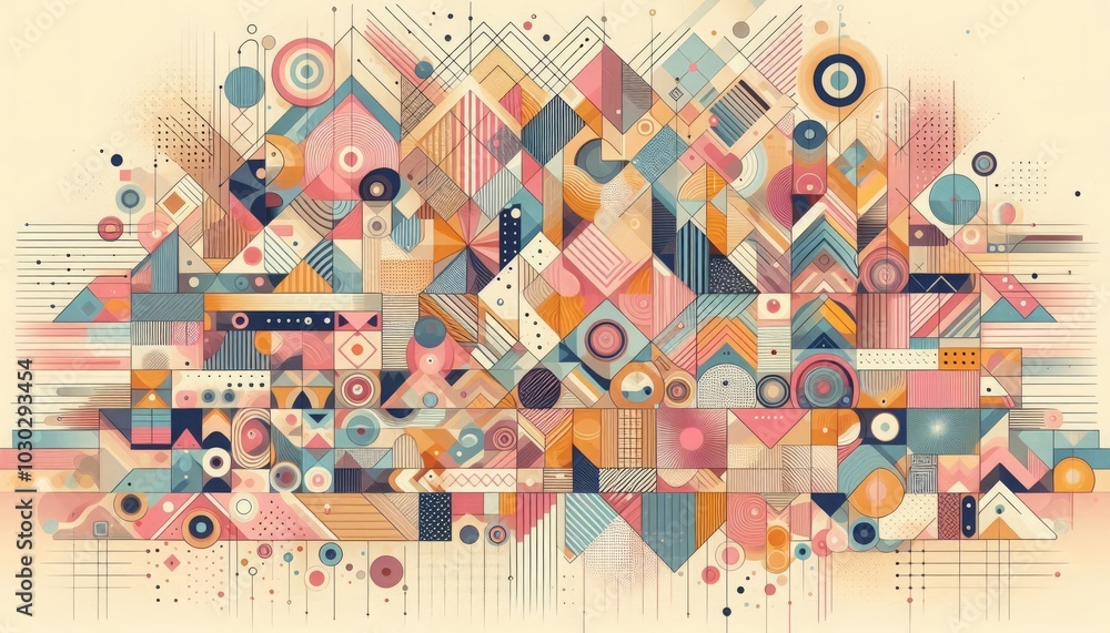Poster abstract geometric pattern in pastel colors with circles and triangles, creating a complex and harmo