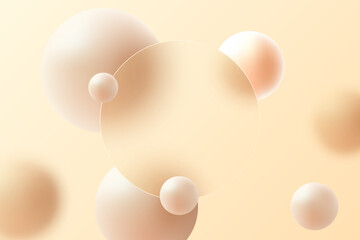 Abstract minimalistic background for presentation slide in glass morphism style. Glass round banner with spheres.