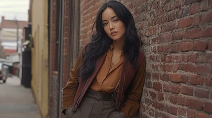 Naklejka premium Stylish Woman Posing Against Brick Wall in Urban Setting