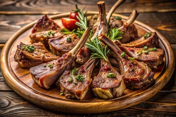 Wooden platter with juicy lamb chops barbecued on charcoal