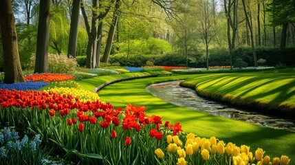 Obraz premium Bursting with Blooms: Exploring Keukenhof Park's Diverse Floral Tapestry in Vibrant