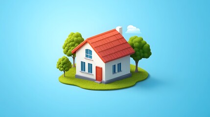 Gorgeous 3D House Scene with Red Roof and Trees Art