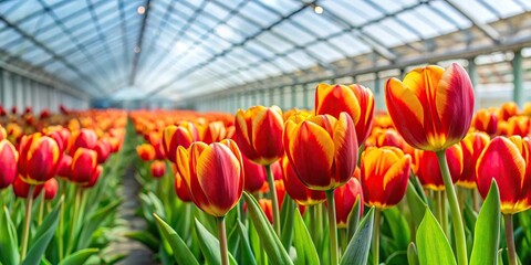 Vibrant red and yellow tulips in a greenhouse horticulture
