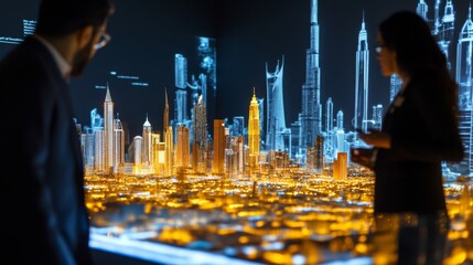 Two business professionals study an illuminated digital model of a city during a technology conference in Dubai. The projection showcases various skyscrapers, highlighting innovative urban designs.
