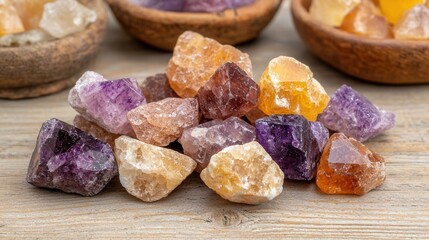Colorful raw crystals on wooden surface with rustic bowls in background