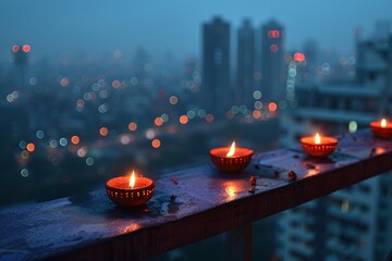 Colorful diyas light up a balcony edge during Diwali, casting warm reflections against the twilight city backdrop, as city lights twinkle in the distance