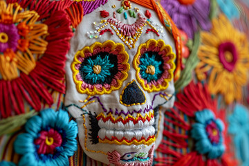 Fototapeta premium Traditional mexican day of dead celebration, people in costumes with face art paint make up, Generative AI
