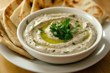 Lebanese Baba Ganoush with Pita Bread and Olive Oil Drizzle Smoky roasted eggplant dip, baba ganoush, served with warm pita bread and an olive oil drizzle, Delicious Lebanese food photography