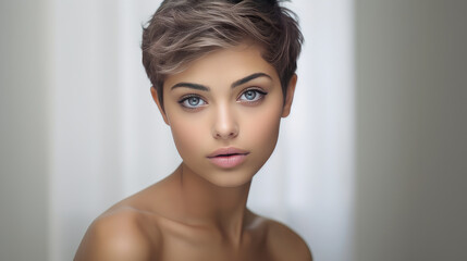 Portrait of Latin American teenage girl with short haircut silver background.