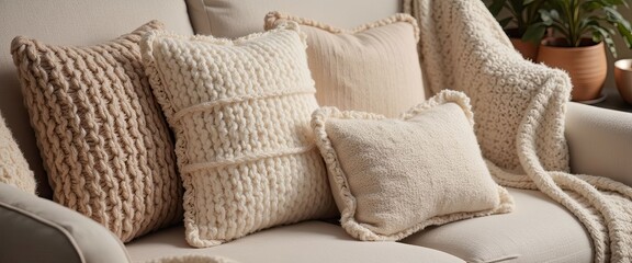 Fototapeta premium Cozy knit pillows and throw blanket on neutral-toned sofa with houseplant in background
