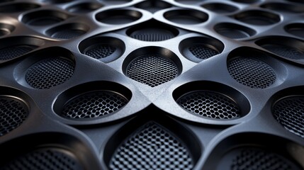 Close-up of a textured surface featuring circular patterns and mesh, likely for acoustic or aesthetic purposes.