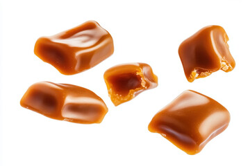 Obraz premium Delightful chewy caramels scattered artfully on a white background showcasing their glossy texture