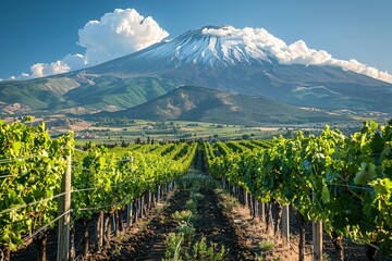 Fototapeta premium Rows of lush grapevines stretch across the landscape, leading to a towering snow-capped mountain under a bright blue sky. The scene captures the beauty of nature and agriculture in harmony