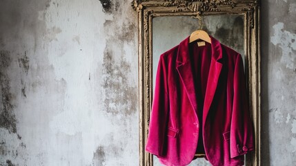 Stylish Red Velvet Blazer on Vintage Frame Background