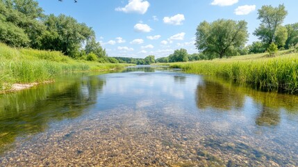 Fototapeta premium Serene river landscape with clear water and lush greenery under blue sky