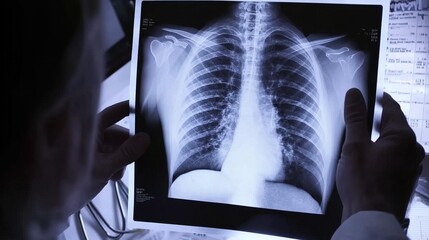 Doctor carefully examines X-ray film of patient's lungs, identifying COVID-19 complications, with medical instruments and charts in the background.