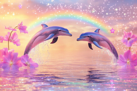 Two dolphins leap gracefully against a vibrant sunset with colorful flowers and a rainbow backdrop