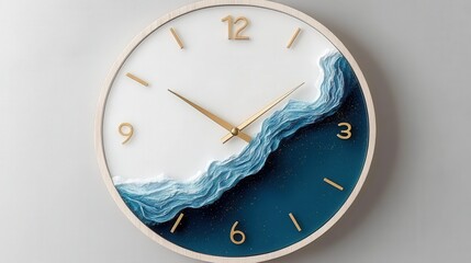 Artistic wall clock featuring ocean wave design and gold accents