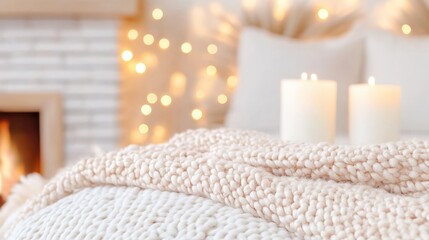 Cozy winter bedroom with candles and warm knitted blanket near fireplace