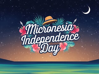 Naklejka premium Micronesia Independence Day Greeting with Tropical Floral Wreath and Night Sky