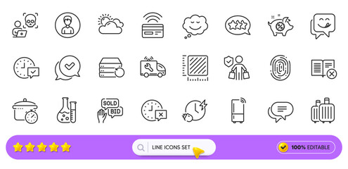 Reject book, Recovery server and Boiling pan line icons for web app. Pack of Buyer insurance, Stars, Approved pictogram icons. Person, Piggy sale, Bid offer signs. Refrigerator. Search bar. Vector