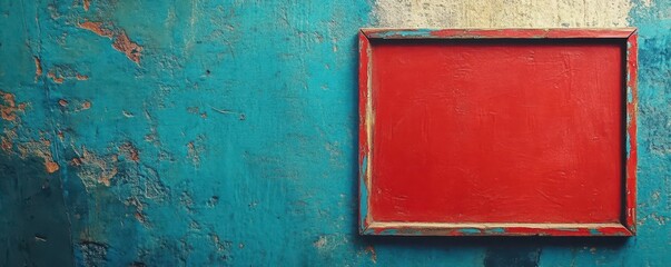 Red wooden frame on blue textured wall, blank space for text or image.