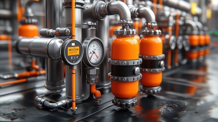Industrial pipes and gauges in a processing facility.