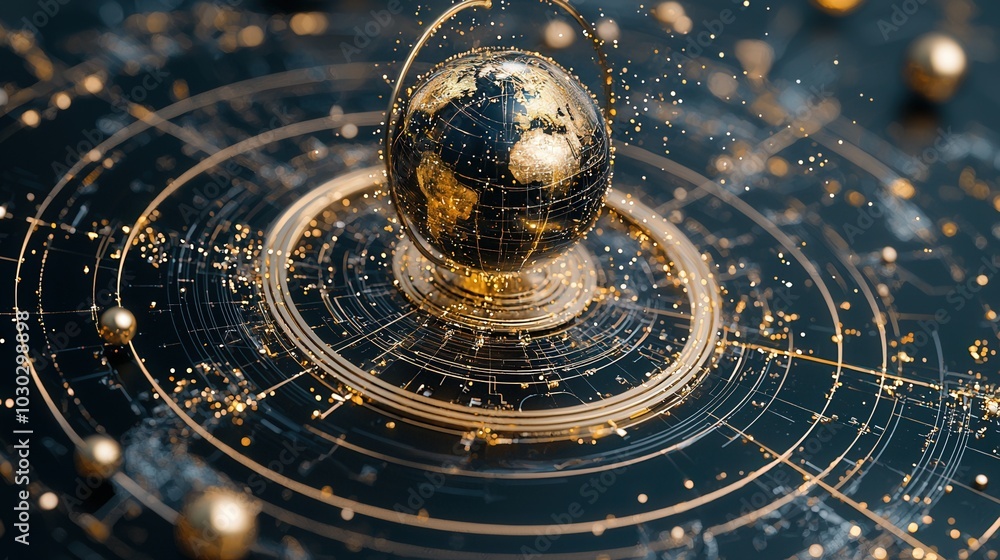 Poster golden globe surrounded by advanced digital network with glowing particles