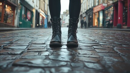 Fototapeta premium Stylish Boots on Rainy Cobblestone Street