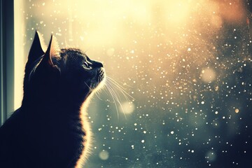 Black cat gazing up at glowing holiday lights illuminated by soft golden light in a cozy heartwarming indoor setting that blends curiosity and festive warmth