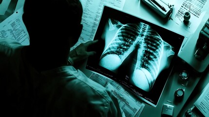Doctor carefully examines X-ray film of patient's lungs, identifying COVID-19 complications, with medical instruments and charts in the background.