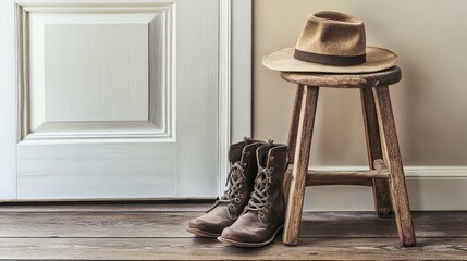 Rustic Footwear and Hat on Wooden Stool