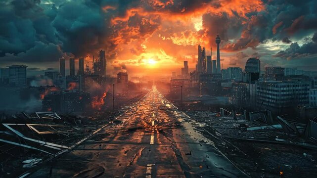 A desolate city street stretches into the distance at sunset, the buildings behind it showing signs of destruction