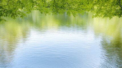 Fototapeta premium Tranquil waters of a serene lake surrounded by lush greenery