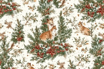 Fototapeta premium Cats sitting in a forest surrounded by snow covered trees in a peaceful winter wallpaper design blending natures beauty calm and warmth in a heartwarming scenic pattern