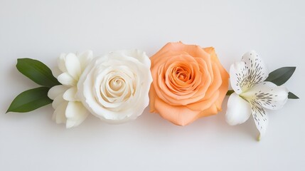 Fototapeta premium Elegant flower arrangement with white and peach roses on white background
